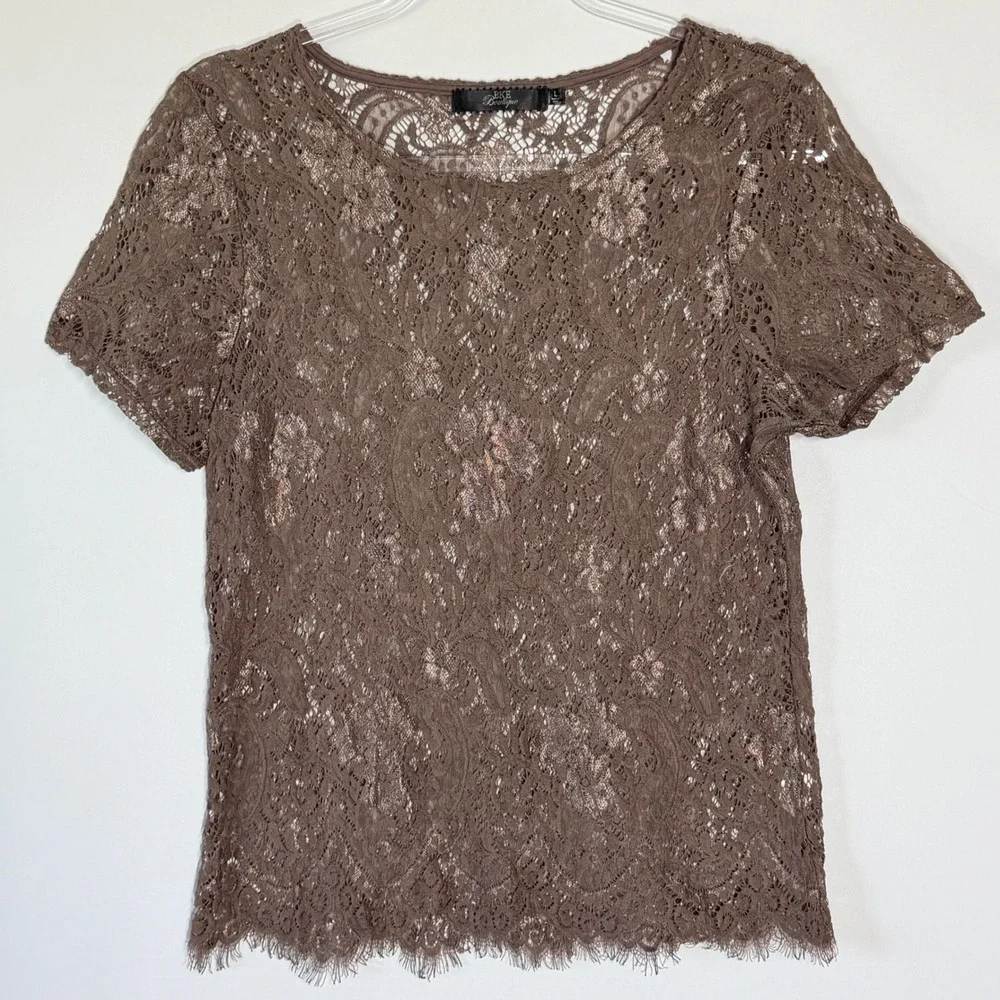 BKE Boutique Brown Lace Short Sleeve Sheer Top BTQM46071 Womens Large Boho Chic - Picture 5 of 9